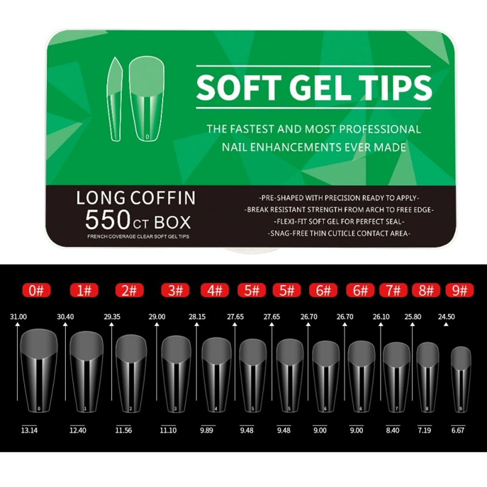 Soft Gel Tips Long Coffin | 550 Τεμάχια σε Κασετίνα